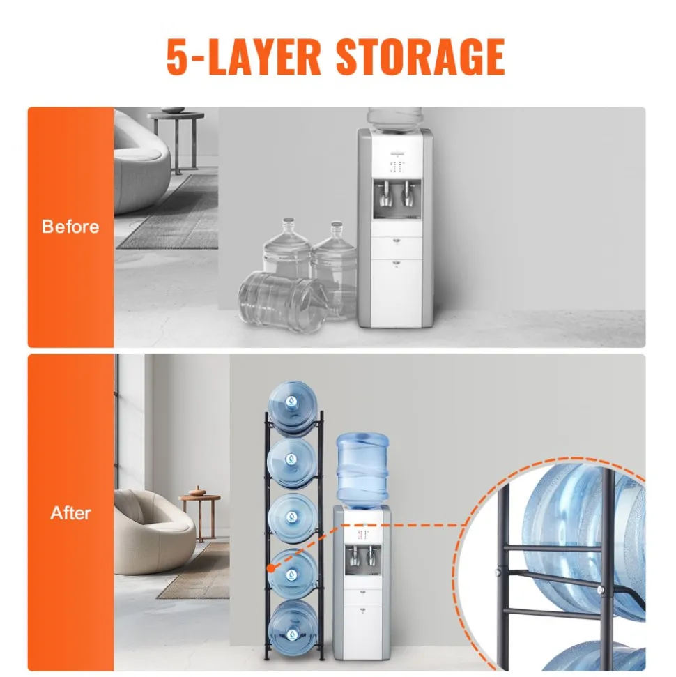 VEVOR 5 Tiers Water Jug Holder, 5 Gallon Water Bottle Holder, Single Row Water Bottle Rack for 5 Bottles, Heavy Duty Water Jug Rack for Kitchen, Office, Living Room, Black