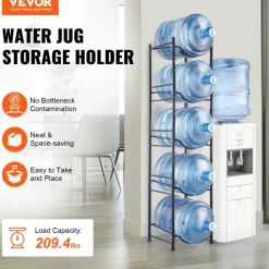 VEVOR 5 Tiers Water Jug Holder, 5 Gallon Water Bottle Holder, Single Row Water Bottle Rack for 5 Bottles, Heavy Duty Water Jug Rack for Kitchen, Office, Living Room, Black