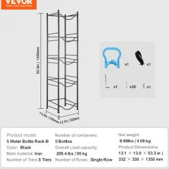 VEVOR 5 Tiers Water Jug Holder, 5 Gallon Water Bottle Holder, Single Row Water Bottle Rack for 5 Bottles, Heavy Duty Water Jug Rack for Kitchen, Office, Living Room, Black
