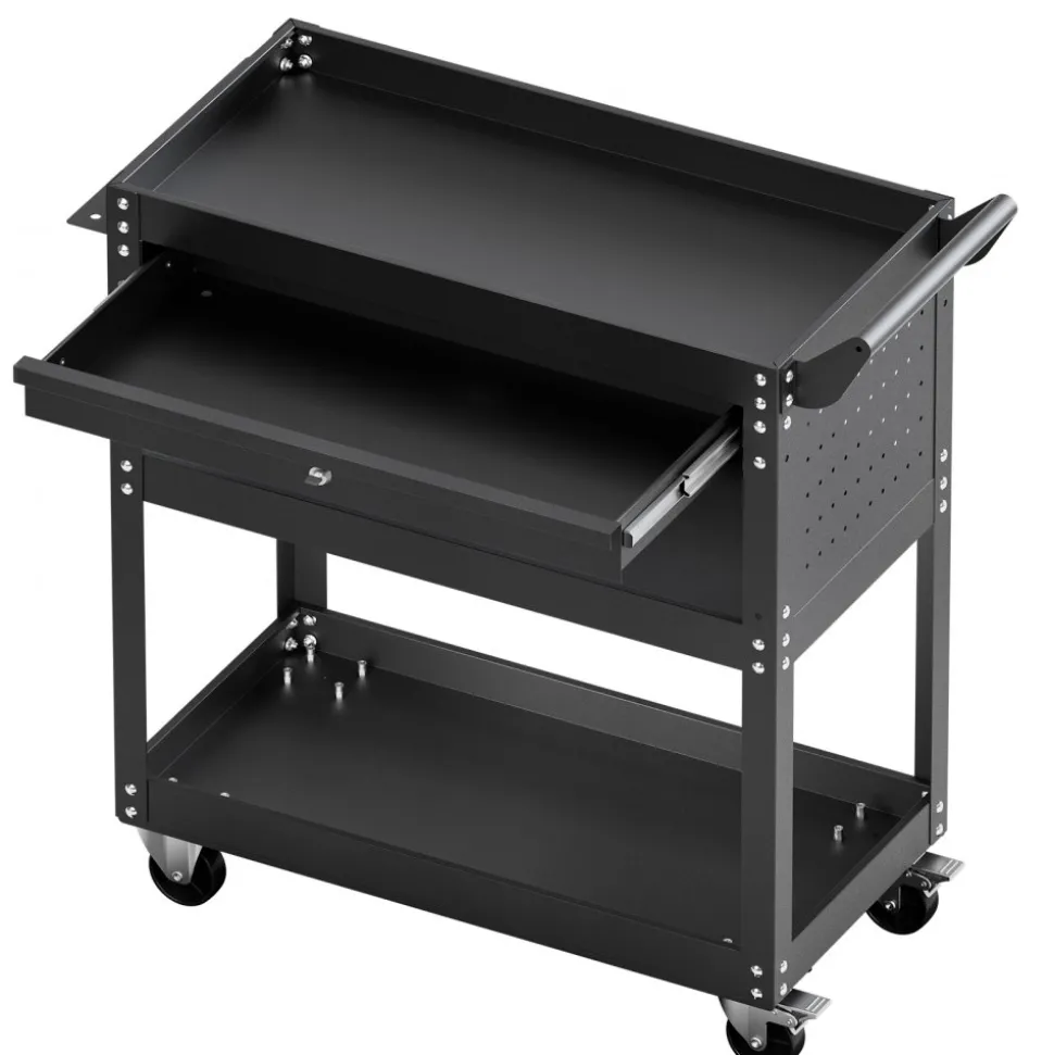 VEVOR 4-Tier Tool Cart with Wheels, 350 lbs Load Capacity, Rolling Work Cart with Drawer & Pegboard, Mechanic Tool Storage Organizer with Locking System for Garage, Warehouse and Repair Shop, Black