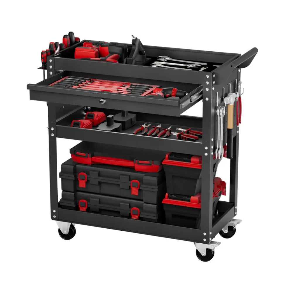 VEVOR 4-Tier Tool Cart with Wheels, 350 lbs Load Capacity, Rolling Work Cart with Drawer & Pegboard, Mechanic Tool Storage Organizer with Locking System for Garage, Warehouse and Repair Shop, Black