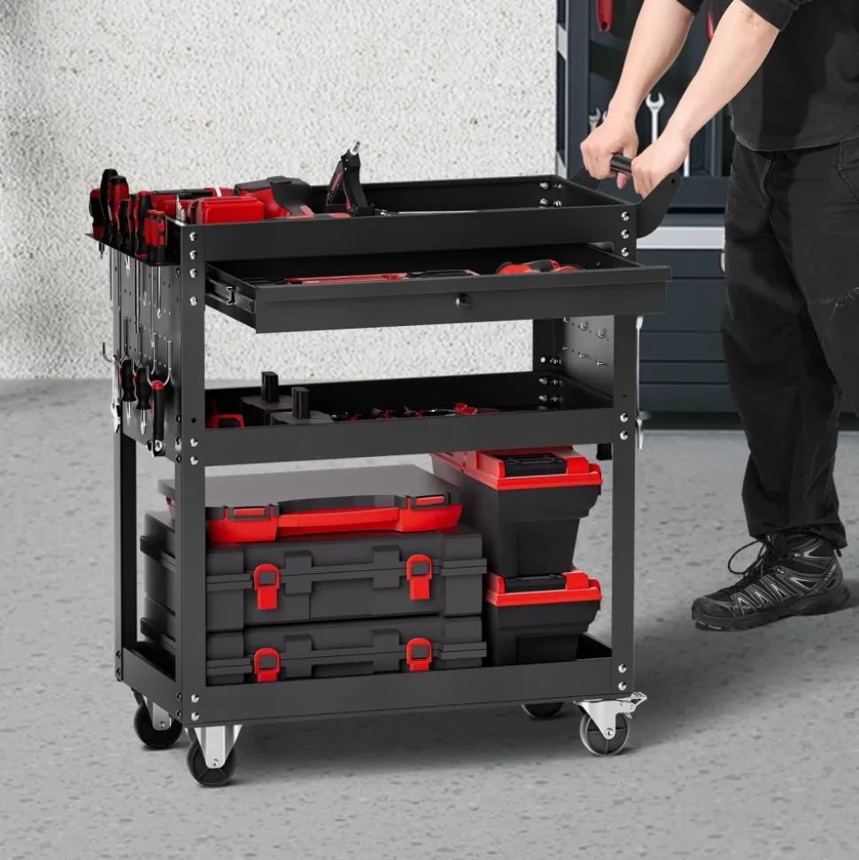 VEVOR 4-Tier Tool Cart with Wheels, 350 lbs Load Capacity, Rolling Work Cart with Drawer & Pegboard, Mechanic Tool Storage Organizer with Locking System for Garage, Warehouse and Repair Shop, Black