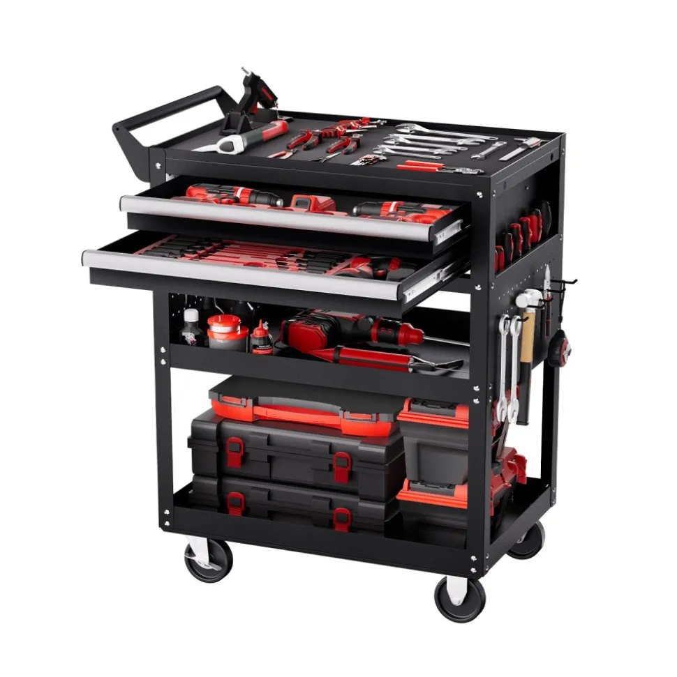 VEVOR 5-Tier Tool Cart with Wheels, 400 lbs Load Capacity, Rolling Work Cart with 2 Drawers & Pegboard, Mechanic Tool Storage Organizer with Locking System for Garage, Warehouse and Repair Shop, Black
