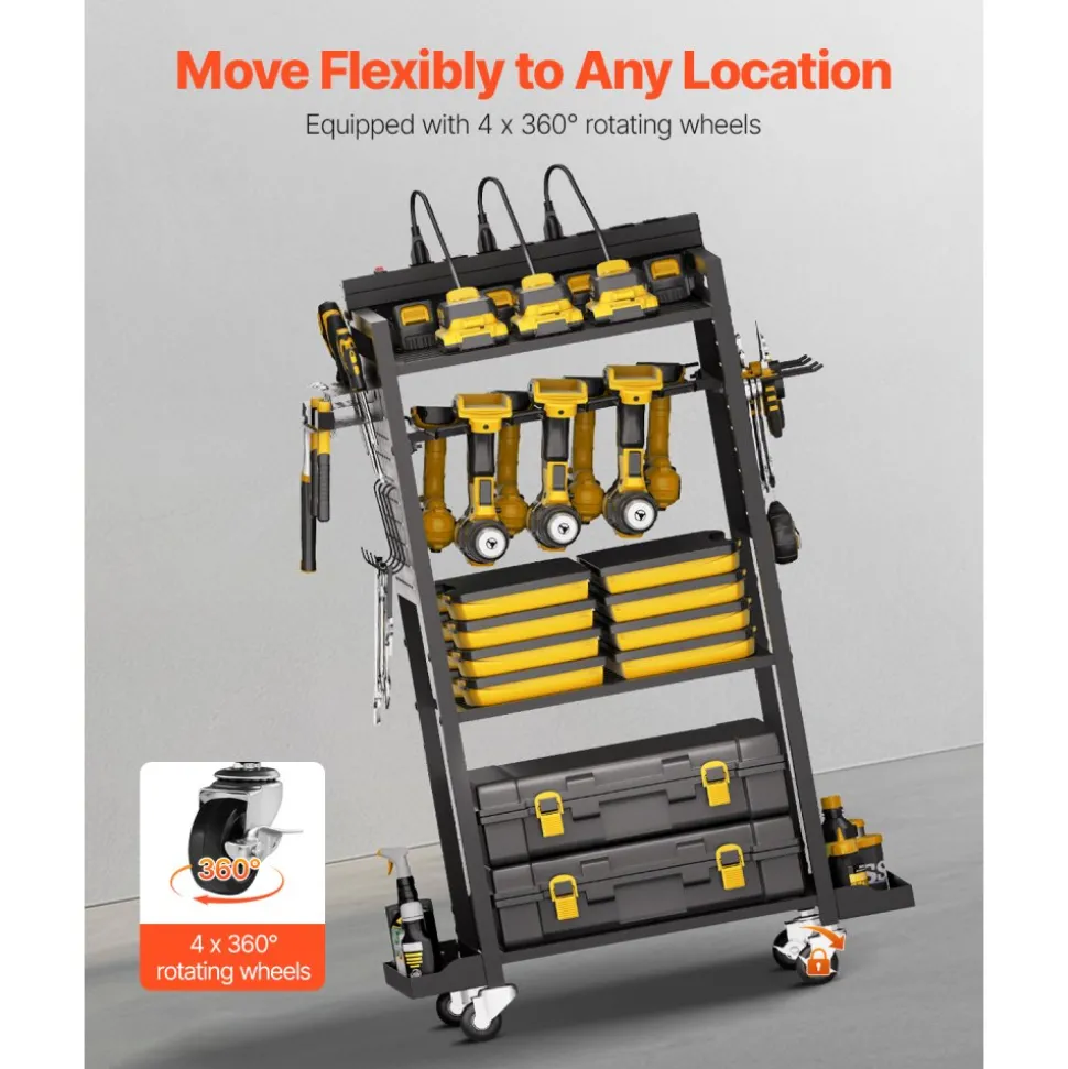 VEVOR 4-tier Tool Organizer Cart with Charging Station, 8 AC Outlet, Floor Stand Rolling Drill Holder and Tool Battery Storage Rack on Wheels, Garage Floor Rolling Storage Cart for Workshop, Garage