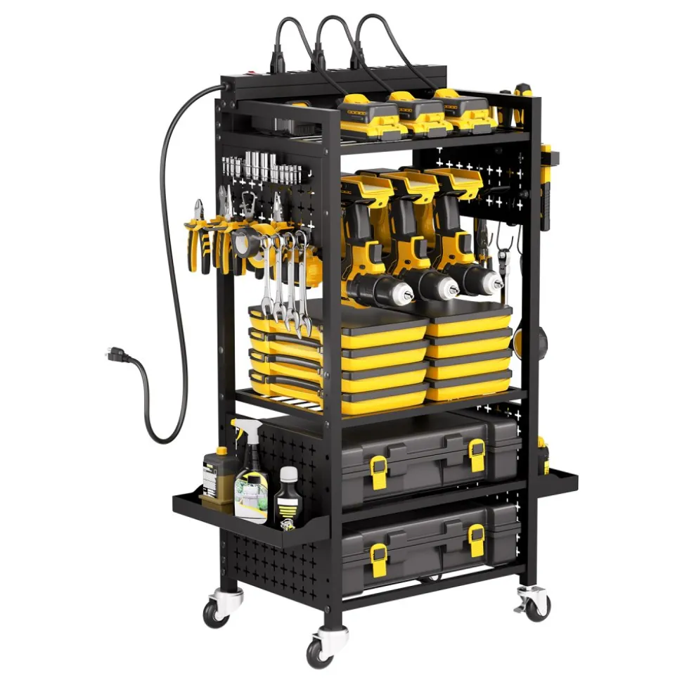 VEVOR 4-tier Tool Organizer Cart, 150 lbs Load Capacity, Floor Stand Rolling Drill Holder and Stability Storage Rack, Heavy Duty Garage Floor Rolling Storage Cart for Workshop, Garage, Black