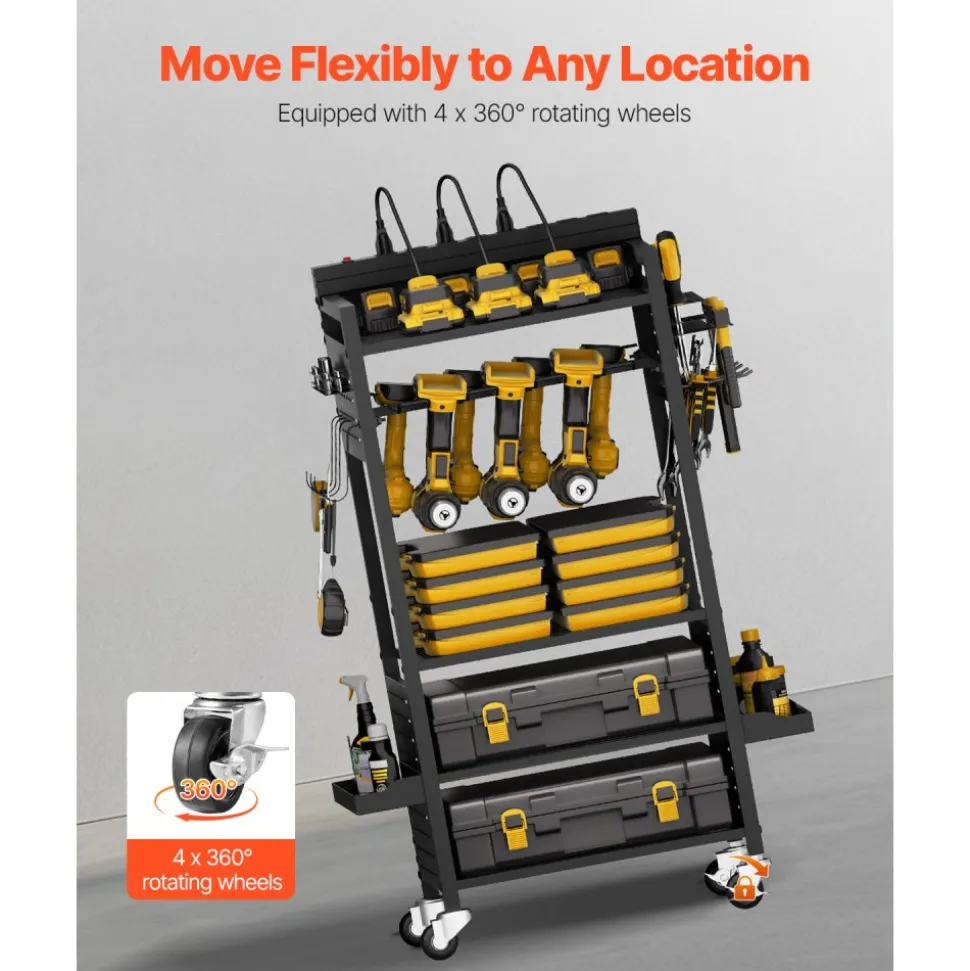 VEVOR 4-tier Tool Organizer Cart, 150 lbs Load Capacity, Floor Stand Rolling Drill Holder and Stability Storage Rack, Heavy Duty Garage Floor Rolling Storage Cart for Workshop, Garage, Black