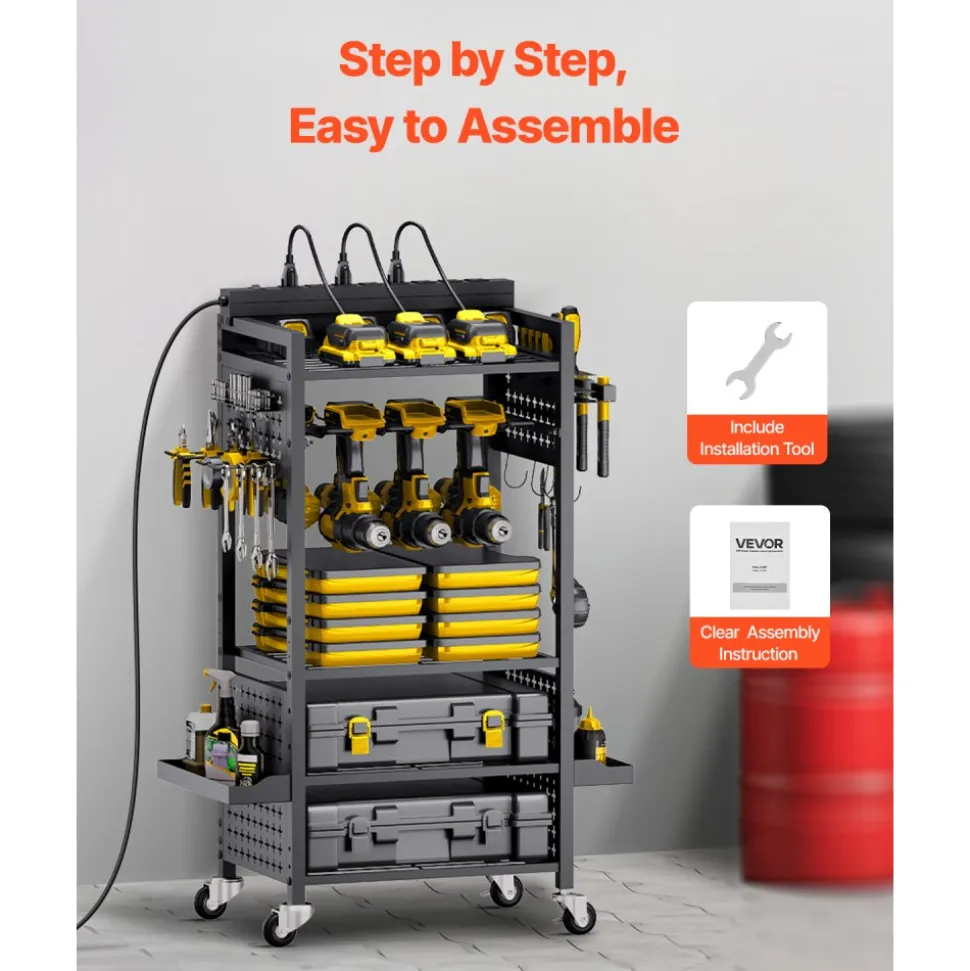 VEVOR 4-tier Tool Organizer Cart, 150 lbs Load Capacity, Floor Stand Rolling Drill Holder and Stability Storage Rack, Heavy Duty Garage Floor Rolling Storage Cart for Workshop, Garage, Black