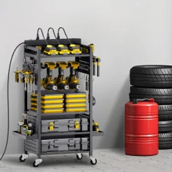 VEVOR 4-tier Tool Organizer Cart, 150 lbs Load Capacity, Floor Stand Rolling Drill Holder and Stability Storage Rack, Heavy Duty Garage Floor Rolling Storage Cart for Workshop, Garage, Black