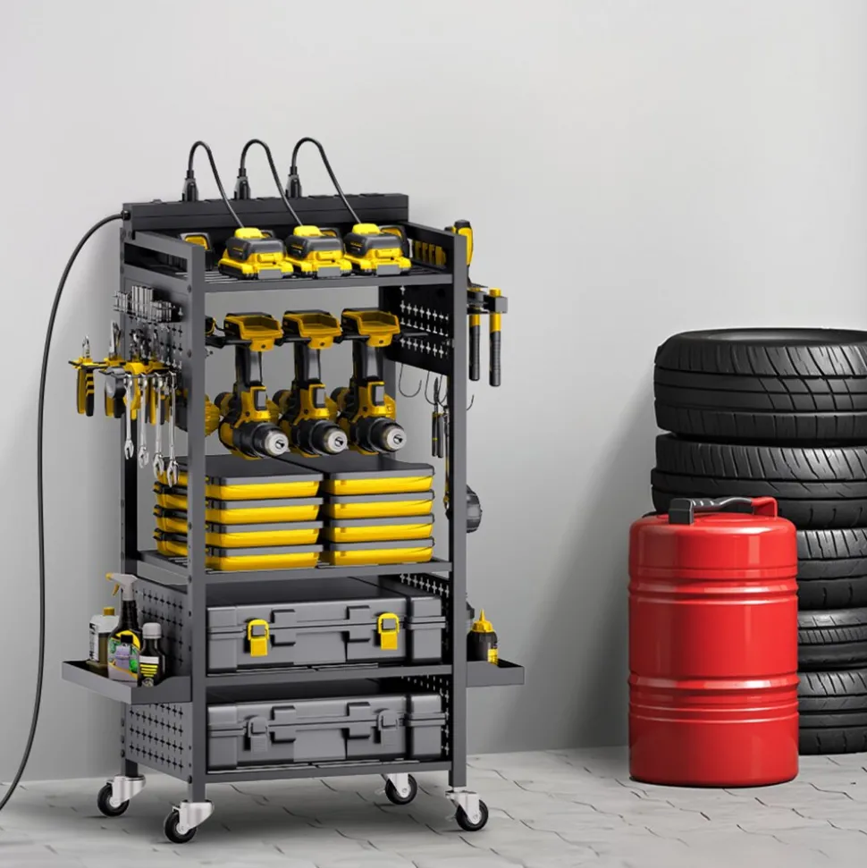 VEVOR 4-tier Tool Organizer Cart, 150 lbs Load Capacity, Floor Stand Rolling Drill Holder and Stability Storage Rack, Heavy Duty Garage Floor Rolling Storage Cart for Workshop, Garage, Black