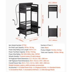 VEVOR 4-tier Tool Organizer Cart, 150 lbs Load Capacity, Floor Stand Rolling Drill Holder and Stability Storage Rack, Heavy Duty Garage Floor Rolling Storage Cart for Workshop, Garage, Black