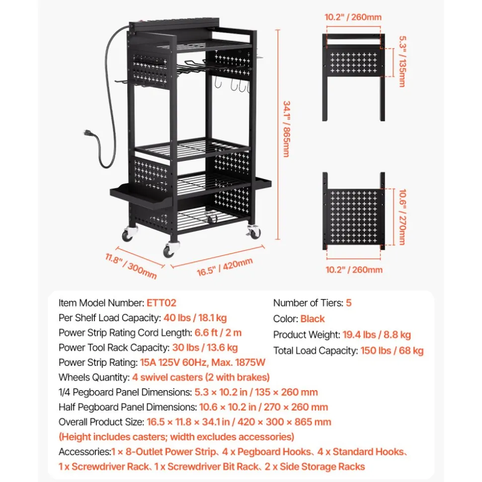 VEVOR 4-tier Tool Organizer Cart, 150 lbs Load Capacity, Floor Stand Rolling Drill Holder and Stability Storage Rack, Heavy Duty Garage Floor Rolling Storage Cart for Workshop, Garage, Black