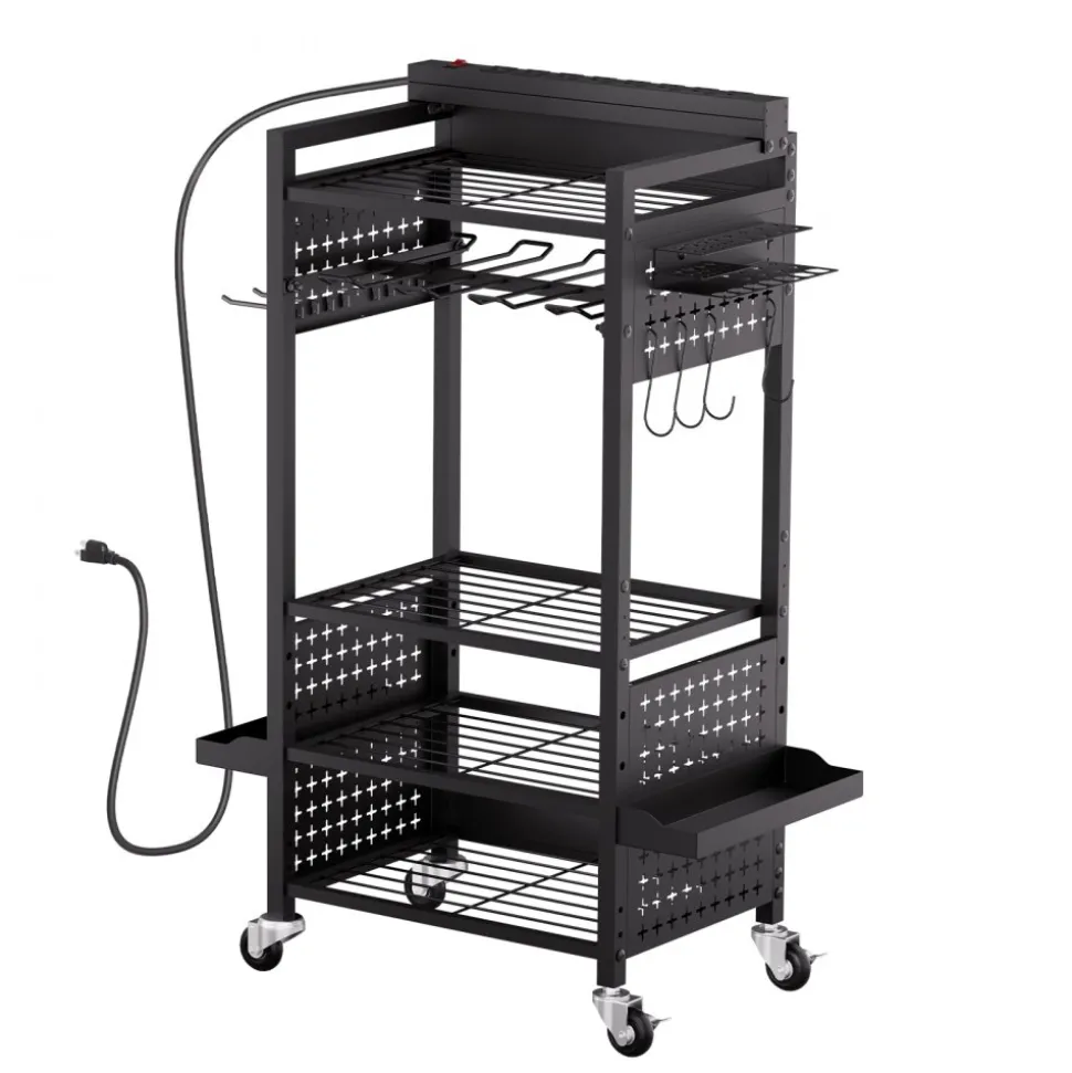 VEVOR 4-tier Tool Organizer Cart, 150 lbs Load Capacity, Floor Stand Rolling Drill Holder and Stability Storage Rack, Heavy Duty Garage Floor Rolling Storage Cart for Workshop, Garage, Black