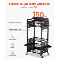 VEVOR 4-tier Tool Organizer Cart, 150 lbs Load Capacity, Floor Stand Rolling Drill Holder and Stability Storage Rack, Heavy Duty Garage Floor Rolling Storage Cart for Workshop, Garage, Black