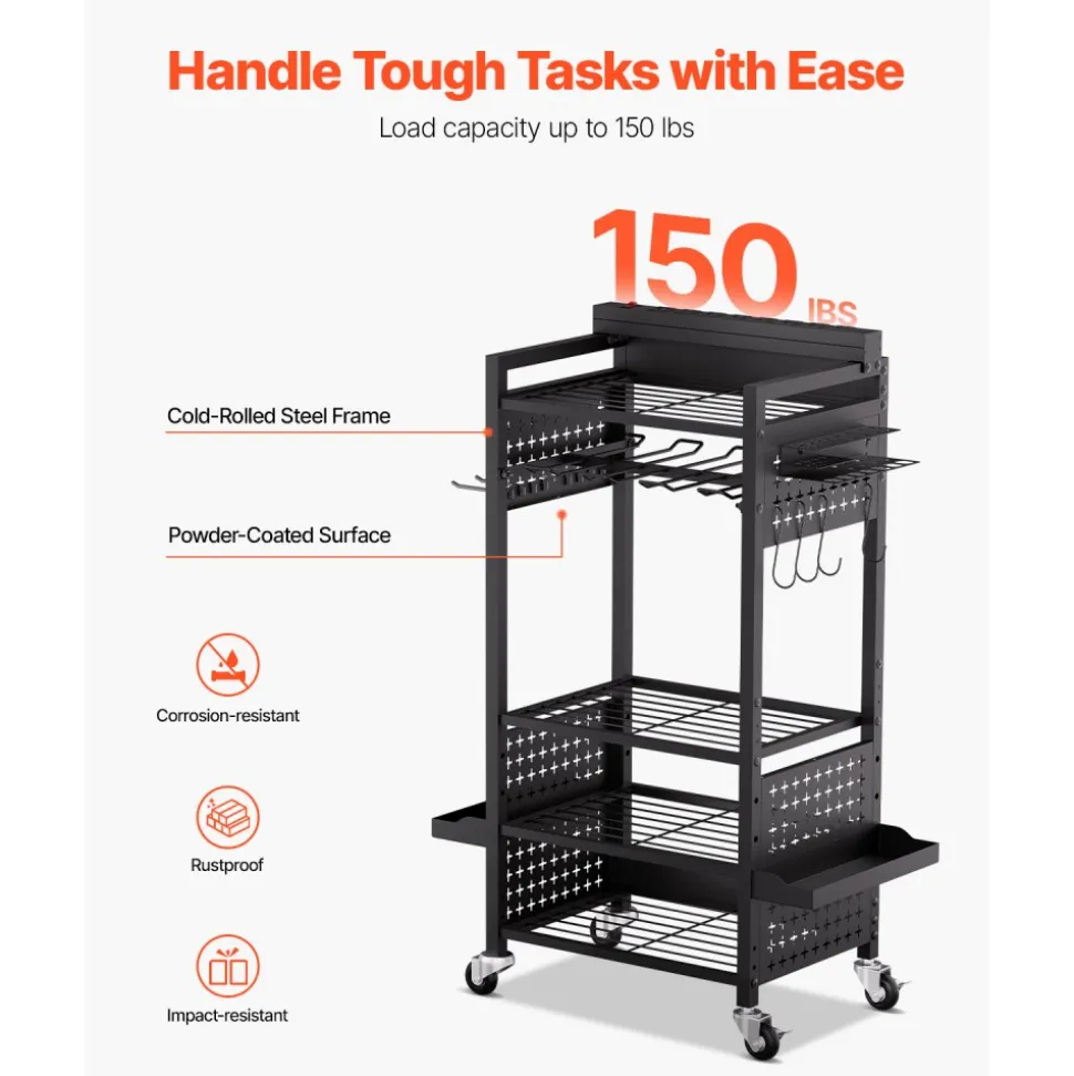 VEVOR 4-tier Tool Organizer Cart, 150 lbs Load Capacity, Floor Stand Rolling Drill Holder and Stability Storage Rack, Heavy Duty Garage Floor Rolling Storage Cart for Workshop, Garage, Black