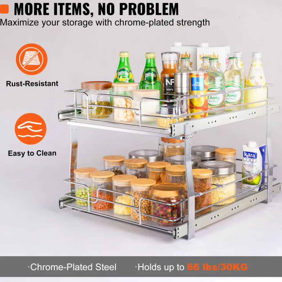 VEVOR 2 Tier 20"Wx21"Dx15"H Pull Out Cabinet Organizer, Heavy Duty Slide Out Pantry Shelves, Steel Roll Out Drawers, Sliding Drawer Storage for Home, 21.5"Wx22"Dx18"H Install Size for Cabinet