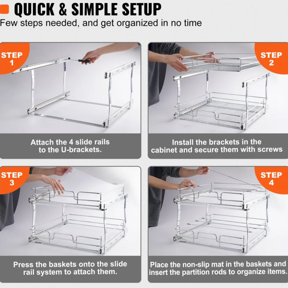 VEVOR 2 Tier 20"Wx21"Dx15"H Pull Out Cabinet Organizer, Heavy Duty Slide Out Pantry Shelves, Steel Roll Out Drawers, Sliding Drawer Storage for Home, 21.5"Wx22"Dx18"H Install Size for Cabinet