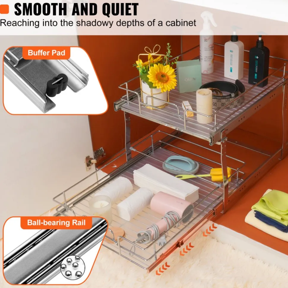 VEVOR 2 Tier 17"Wx21"Dx15"H Pull Out Cabinet Organizer, Heavy Duty Slide Out Pantry Shelves, Steel Roll Out Drawers, Sliding Drawer Storage for Home, 18.5"Wx22"Dx18"H Install Size for Cabinet