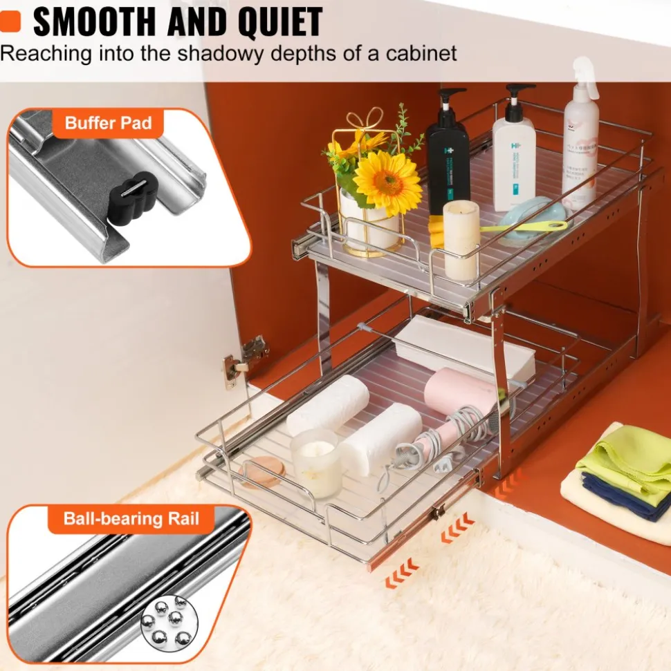 VEVOR 2 Tier 14"Wx21"Dx15"H Pull Out Cabinet Organizer, Heavy Duty Slide Out Pantry Shelves, Steel Roll Out Drawers, Sliding Drawer Storage for Home, 15.5"Wx22"Dx18"H Install Size for Cabinet