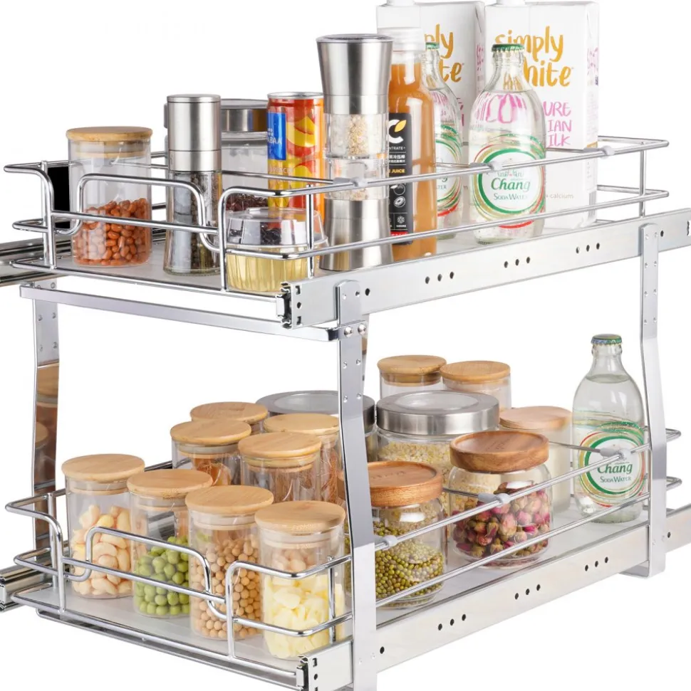 VEVOR 2 Tier 14"Wx21"Dx15"H Pull Out Cabinet Organizer, Heavy Duty Slide Out Pantry Shelves, Steel Roll Out Drawers, Sliding Drawer Storage for Home, 15.5"Wx22"Dx18"H Install Size for Cabinet