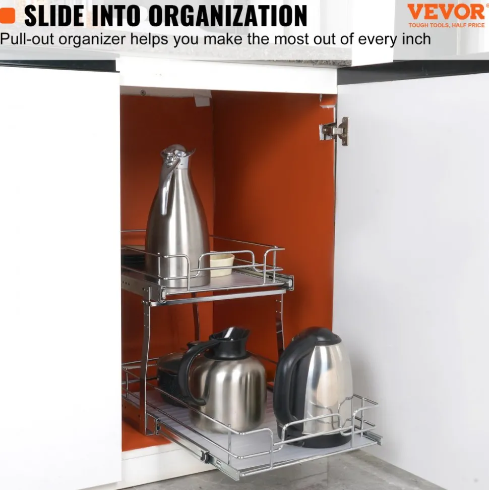 VEVOR 2 Tier 14"Wx21"Dx15"H Pull Out Cabinet Organizer, Heavy Duty Slide Out Pantry Shelves, Steel Roll Out Drawers, Sliding Drawer Storage for Home, 15.5"Wx22"Dx18"H Install Size for Cabinet