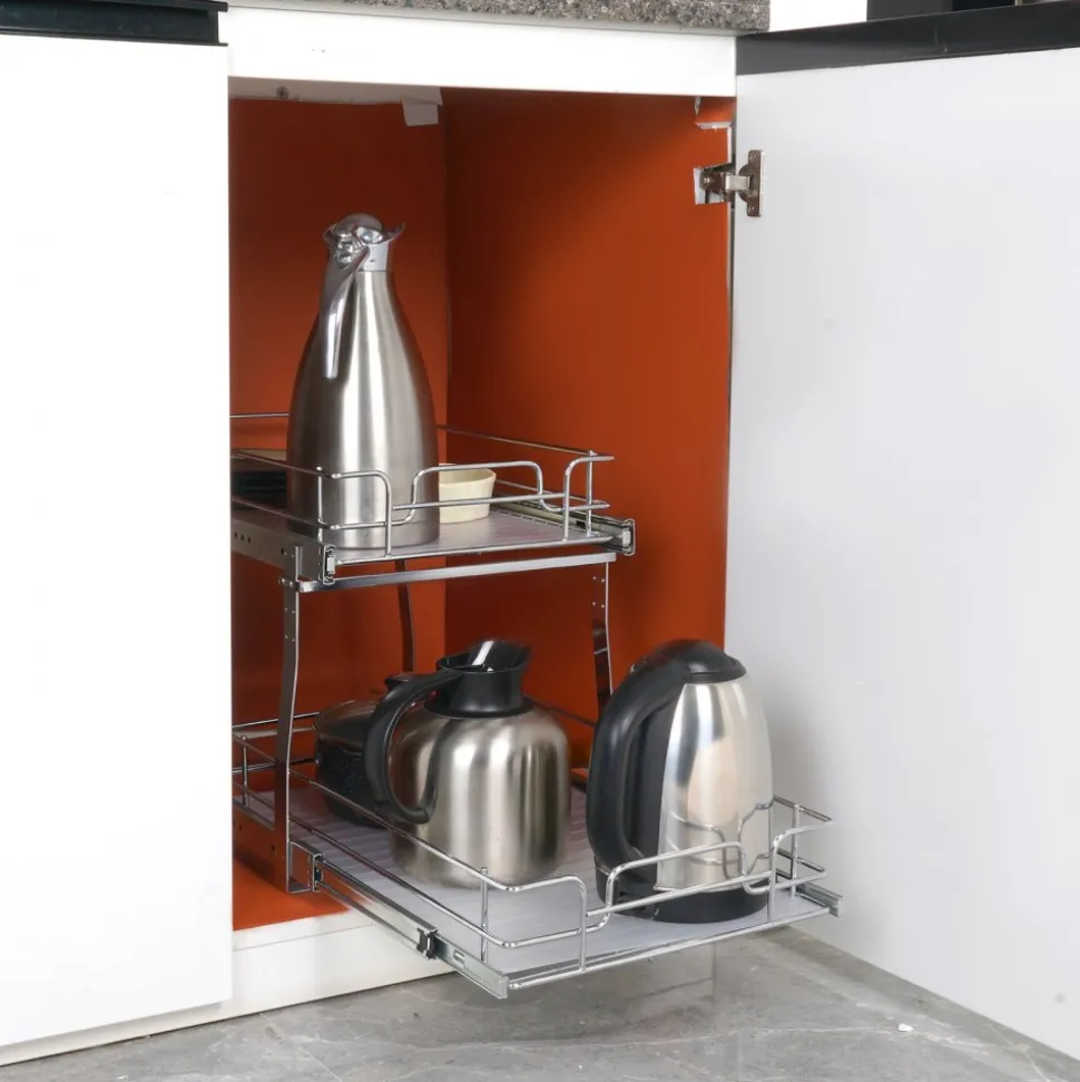 VEVOR 2 Tier 14"Wx21"Dx15"H Pull Out Cabinet Organizer, Heavy Duty Slide Out Pantry Shelves, Steel Roll Out Drawers, Sliding Drawer Storage for Home, 15.5"Wx22"Dx18"H Install Size for Cabinet