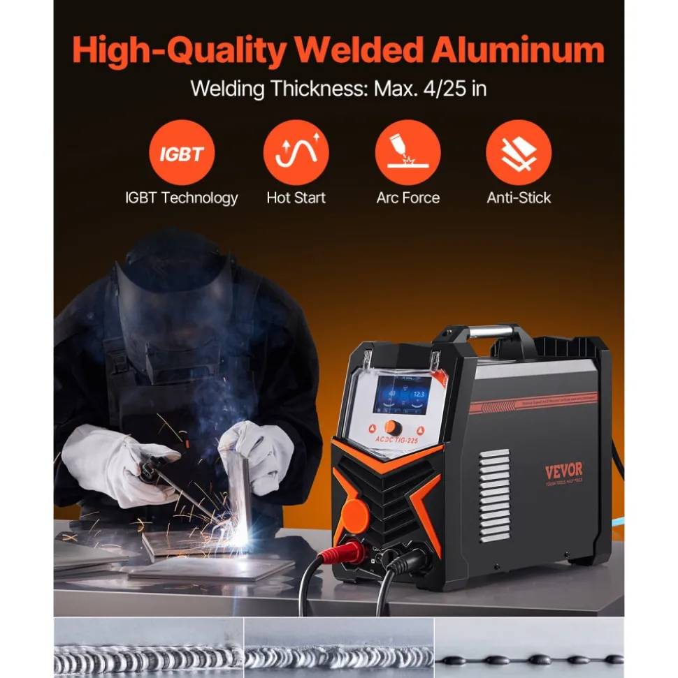 VEVOR TIG Welder, 225A 6-In-1 Aluminum Welding Machine (Large LED Display)- AC TIG/DC TIG/AC Pulse TIG/DC Pulse TIG/Spot TIG/MMA(Stick), 110&220V Dual Voltage Electric Welder with IGBT Inverter