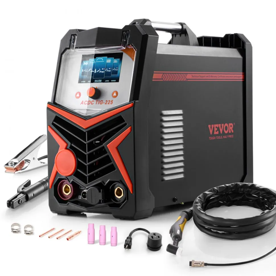 VEVOR TIG Welder, 225A 6-In-1 Aluminum Welding Machine (Large LED Display)- AC TIG/DC TIG/AC Pulse TIG/DC Pulse TIG/Spot TIG/MMA(Stick), 110&220V Dual Voltage Electric Welder with IGBT Inverter