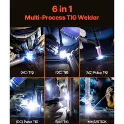 VEVOR TIG Welder, 225A 6-In-1 Aluminum Welding Machine (Large LED Display)- AC TIG/DC TIG/AC Pulse TIG/DC Pulse TIG/Spot TIG/MMA(Stick), 110&220V Dual Voltage Electric Welder with IGBT Inverter