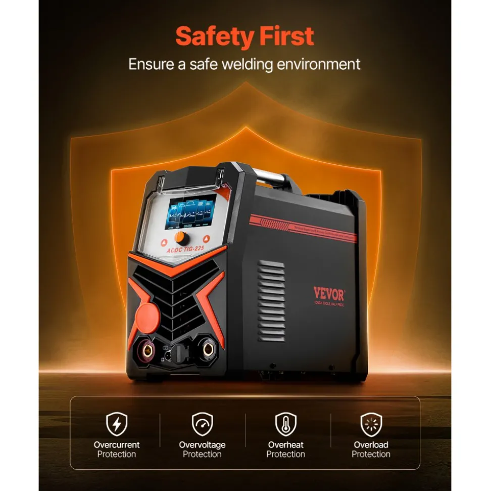 VEVOR TIG Welder, 225A 6-In-1 Aluminum Welding Machine (Large LED Display)- AC TIG/DC TIG/AC Pulse TIG/DC Pulse TIG/Spot TIG/MMA(Stick), 110&220V Dual Voltage Electric Welder with IGBT Inverter