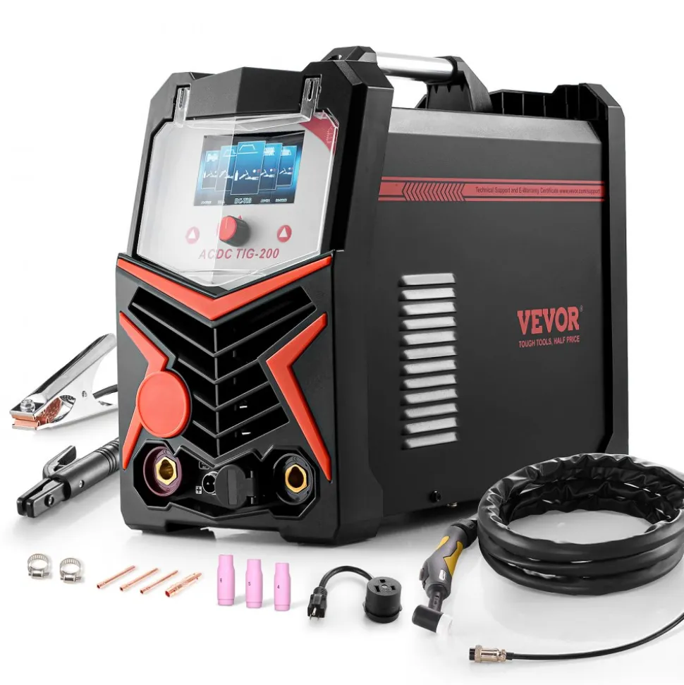 VEVOR TIG Welder, 200A 6-In-1 Aluminum Welding Machine (LED Display) - AC TIG/DC TIG/AC Pulse TIG/DC Pulse TIG/Spot TIG/MMA(Stick), 110&220V Dual Voltage Electric Welder with Synergic Control IGBT