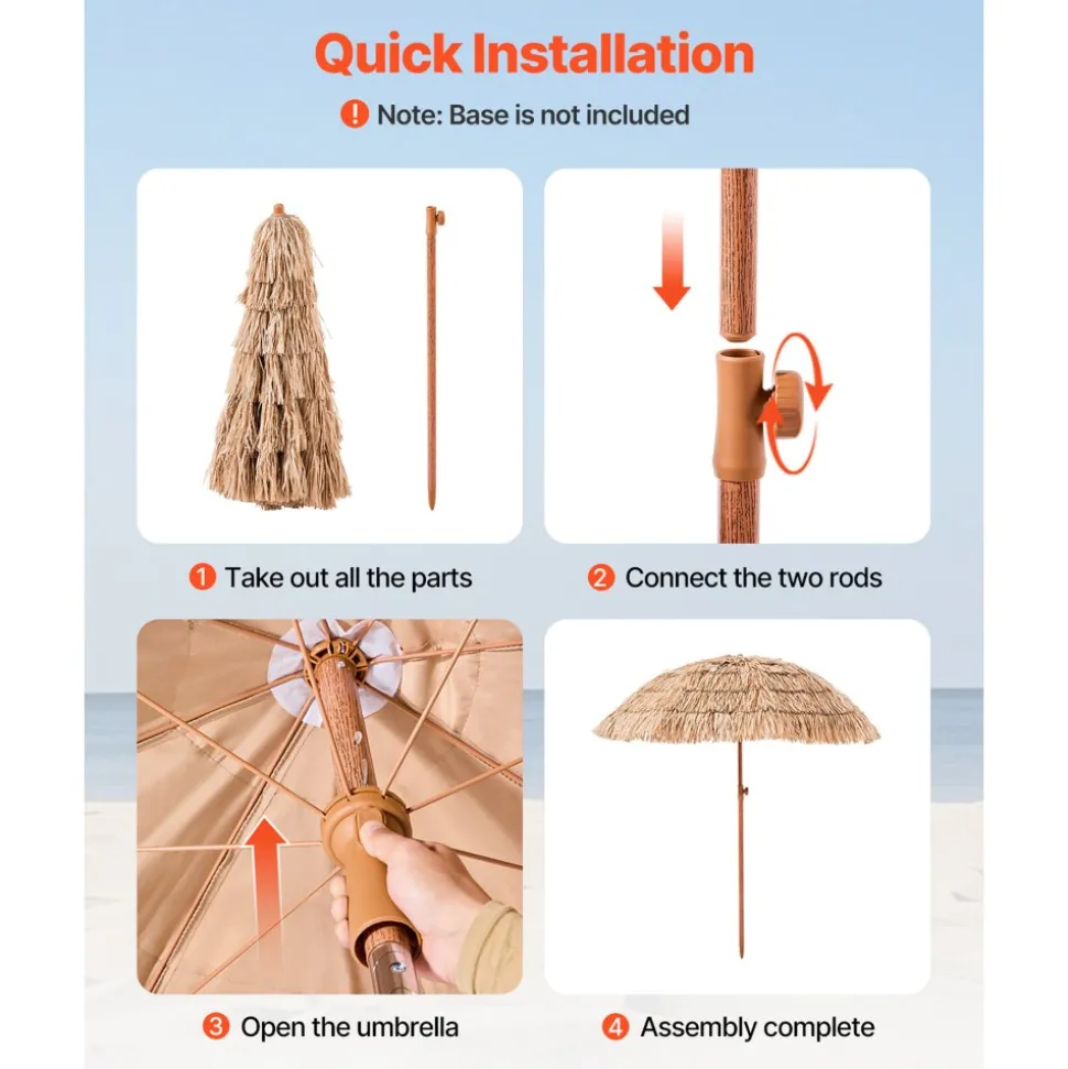 VEVOR Tiki Umbrella, 6 ft Thatched Patio Umbrella with Tilt, Hawaiian Style Beach Parasol with Durable PP Thatch and 8 Metal Ribs, Grass Pool Umbrellas for Beach, Patio, Poolside, Backyard & Garden