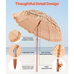 VEVOR Tiki Umbrella, 6 ft Thatched Patio Umbrella with Tilt, Hawaiian Style Beach Parasol with Durable PP Thatch and 8 Metal Ribs, Grass Pool Umbrellas for Beach, Patio, Poolside, Backyard & Garden