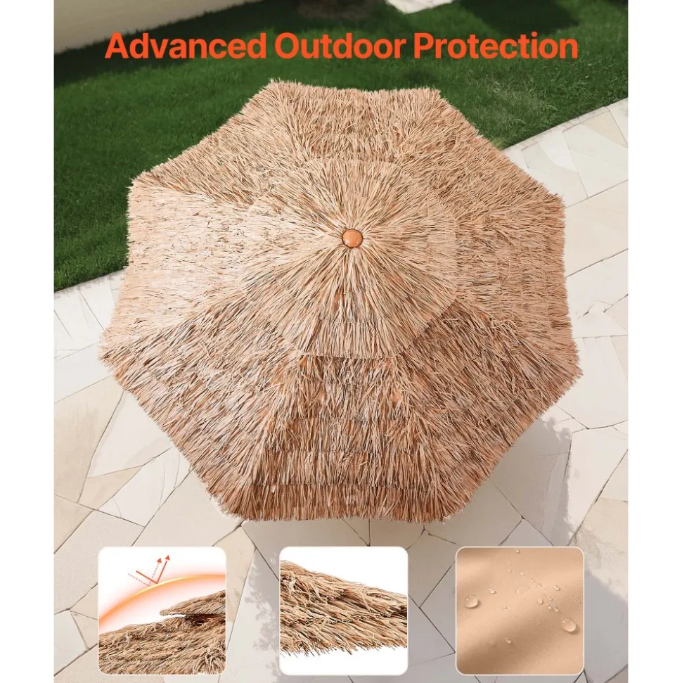VEVOR Tiki Umbrella, 9 ft Thatched Patio Umbrella with Tilt, 2-Tier Hawaiian Style Beach Parasol with PP Thatch and 8 Metal Ribs, Grass Pool Umbrellas for Beach, Patio, Poolside, Backyard & Garden