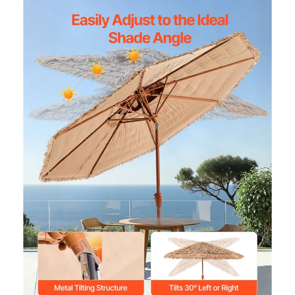 VEVOR Tiki Umbrella, 9 ft Thatched Patio Umbrella with Tilt, 2-Tier Hawaiian Style Beach Parasol with PP Thatch and 8 Metal Ribs, Grass Pool Umbrellas for Beach, Patio, Poolside, Backyard & Garden