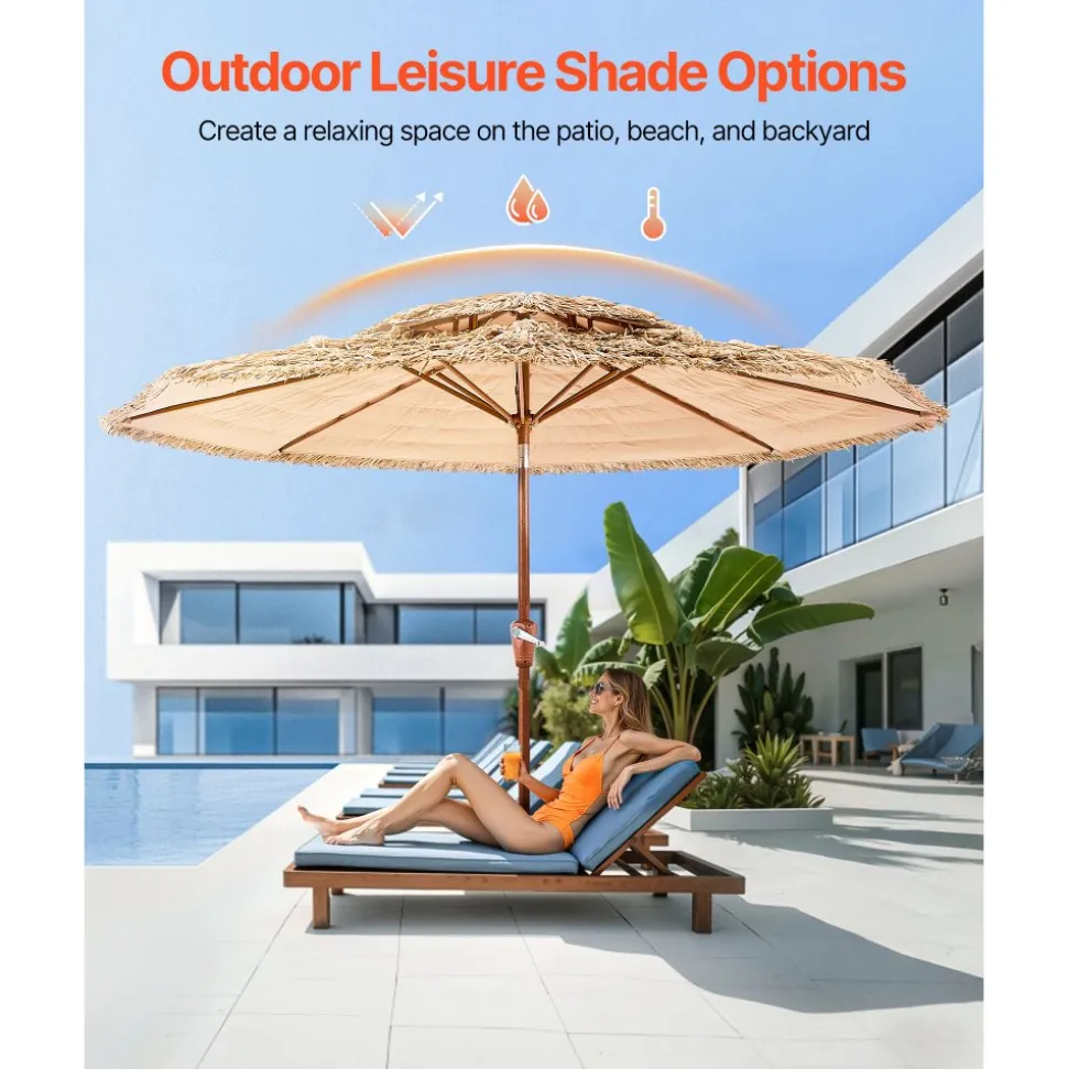 VEVOR Tiki Umbrella, 9 ft Thatched Patio Umbrella with Tilt, 2-Tier Hawaiian Style Beach Parasol with PP Thatch and 8 Metal Ribs, Grass Pool Umbrellas for Beach, Patio, Poolside, Backyard & Garden