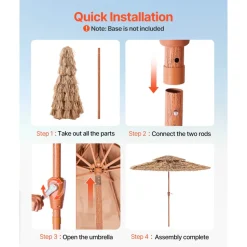 VEVOR Tiki Umbrella, 9 ft Thatched Patio Umbrella with Tilt, 2-Tier Hawaiian Style Beach Parasol with PP Thatch and 8 Metal Ribs, Grass Pool Umbrellas for Beach, Patio, Poolside, Backyard & Garden