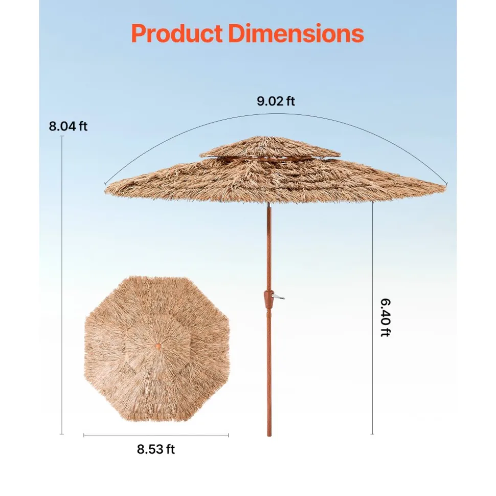 VEVOR Tiki Umbrella, 9 ft Thatched Patio Umbrella with Tilt, 2-Tier Hawaiian Style Beach Parasol with PP Thatch and 8 Metal Ribs, Grass Pool Umbrellas for Beach, Patio, Poolside, Backyard & Garden