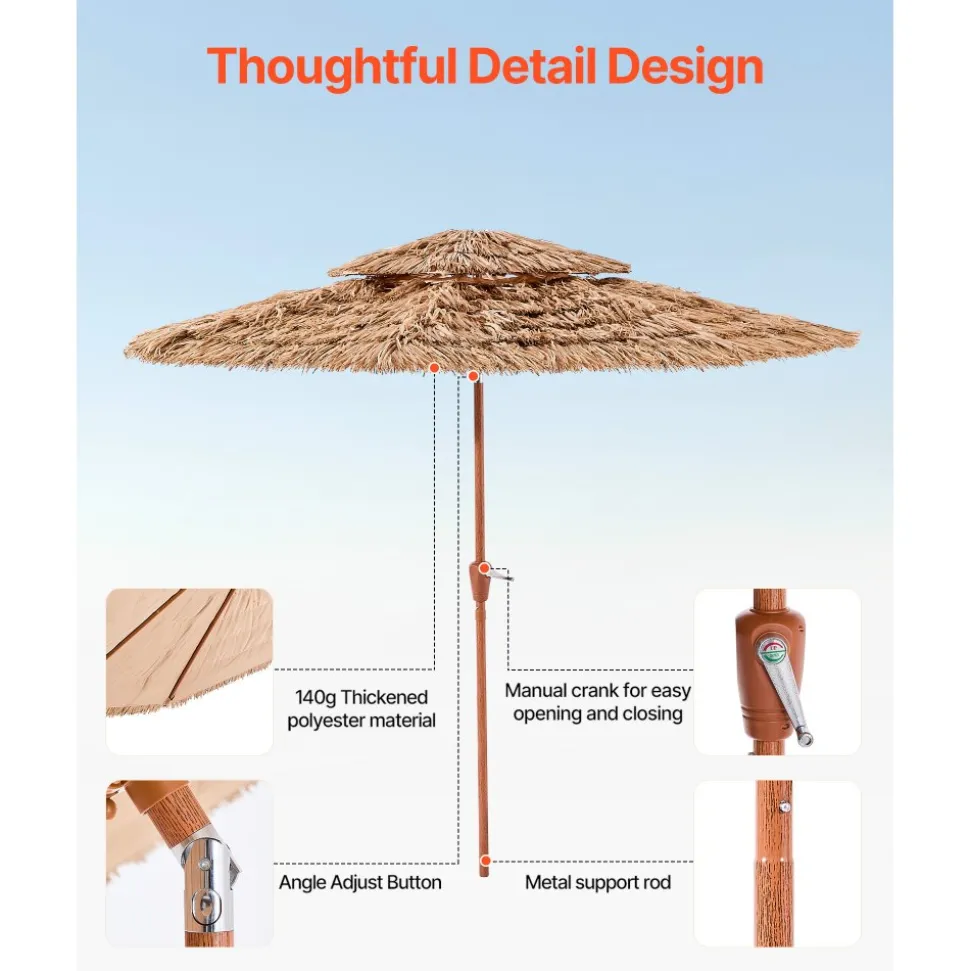 VEVOR Tiki Umbrella, 9 ft Thatched Patio Umbrella with Tilt, 2-Tier Hawaiian Style Beach Parasol with PP Thatch and 8 Metal Ribs, Grass Pool Umbrellas for Beach, Patio, Poolside, Backyard & Garden