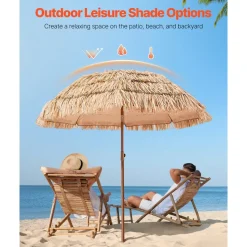 VEVOR Tiki Umbrella, 6.5 ft Thatched Patio Umbrella with Tilt, Hawaiian Style Beach Parasol with Durable PP Thatch and 8 Metal Ribs, Grass Pool Umbrellas for Beach, Patio, Poolside, Backyard & Garden