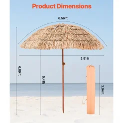 VEVOR Tiki Umbrella, 6.5 ft Thatched Patio Umbrella with Tilt, Hawaiian Style Beach Parasol with Durable PP Thatch and 8 Metal Ribs, Grass Pool Umbrellas for Beach, Patio, Poolside, Backyard & Garden