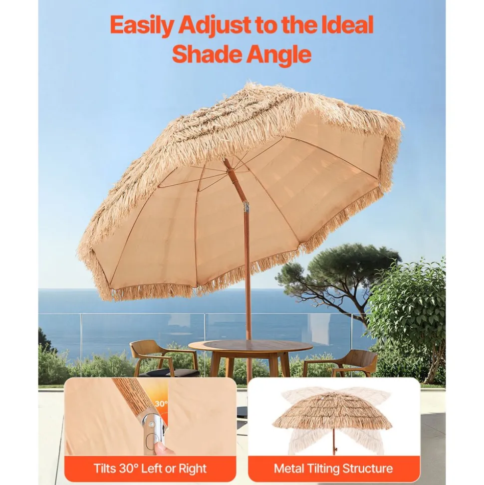 VEVOR Tiki Umbrella, 9 ft Thatched Patio Umbrella with Tilt, Hawaiian Style Beach Parasol with Durable PP Thatch and 8 Metal Ribs, Grass Pool Umbrellas for Beach, Patio, Poolside, Backyard & Garden