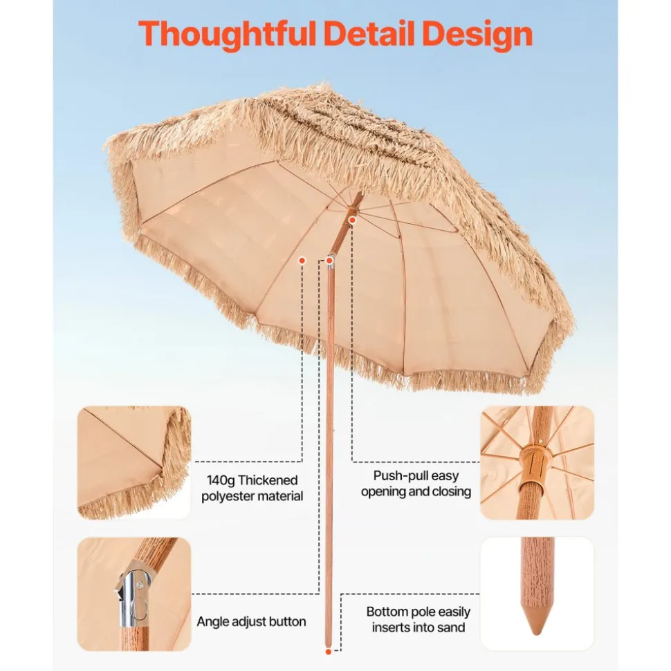 VEVOR Tiki Umbrella, 9 ft Thatched Patio Umbrella with Tilt, Hawaiian Style Beach Parasol with Durable PP Thatch and 8 Metal Ribs, Grass Pool Umbrellas for Beach, Patio, Poolside, Backyard & Garden