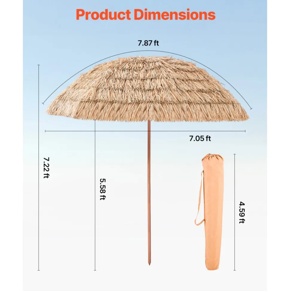 VEVOR Tiki Umbrella, 9 ft Thatched Patio Umbrella with Tilt, Hawaiian Style Beach Parasol with Durable PP Thatch and 8 Metal Ribs, Grass Pool Umbrellas for Beach, Patio, Poolside, Backyard & Garden