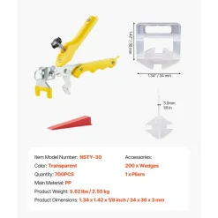 VEVOR Tile Leveling System, 1/8 Inch(3 mm) with 1pc Tile Plier, 700 PCS DIY Tile Leveler Spacers Clips and 200 PCS Reusable Wedges, Tile Tools Set for Professional Ceramic Tile and Stone Installation