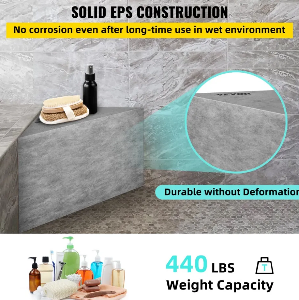 VEVOR Tile Shower Seat, 22.4" x 16" x 20" Ready to Tile Shower Seat, Factory Waterproof & 100% Leak Proof Tileable Shower Corner Seat, 440lbs Load-Bearing Triangular Board Shower Bench, Grey