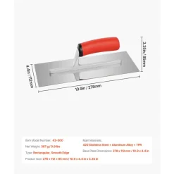 VEVOR Tile Tools, Stainless Steel Flat Finishing Trowel, 10.9 x 4.4 in Concrete Cement Drywall Plastering Tile Masonry Construction Hand Tools with Handle, for Apply, Spread, Flatten, Smooth, Polish