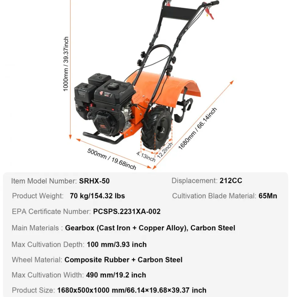 VEVOR Tiller Cultivator, 212CC 4-Stroke Garden Cultivator, Tiller with 4 Steel Adjustable Rear Tines for Lawn, Garden and Field Soil Cultivation
