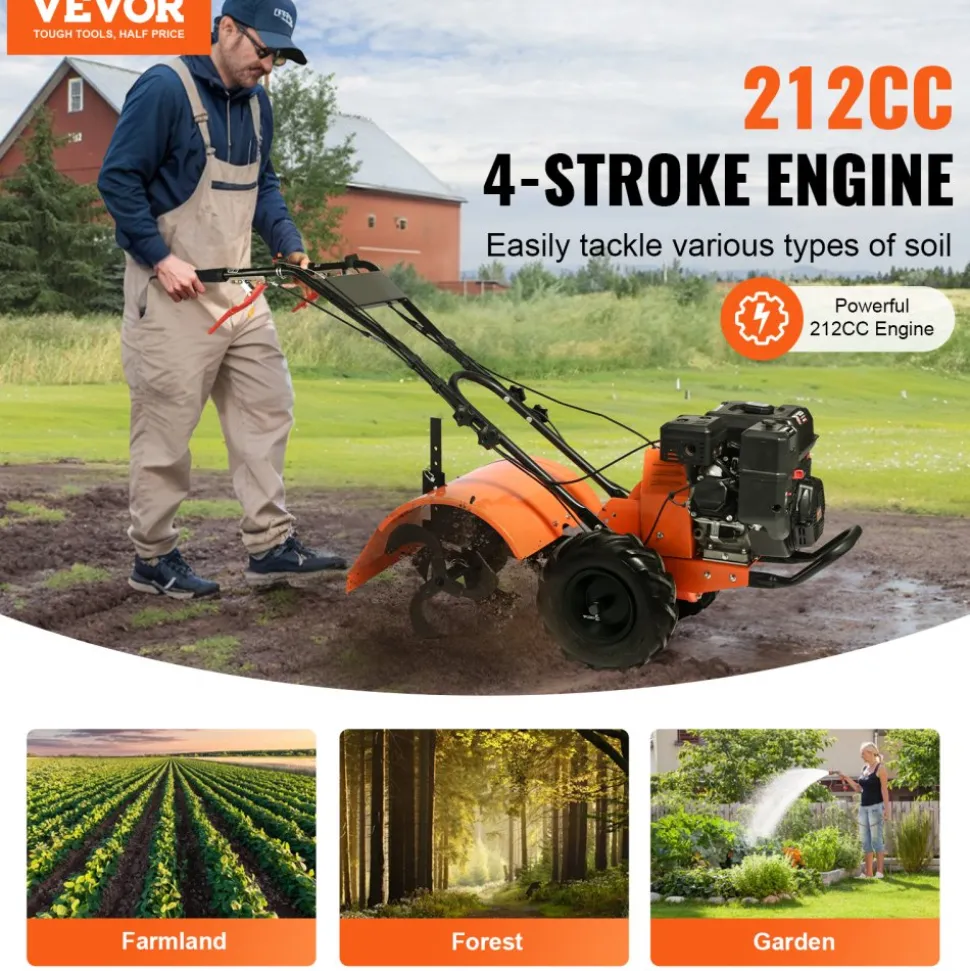 VEVOR Tiller Cultivator, 212CC 4-Stroke Garden Cultivator, Tiller with 4 Steel Adjustable Rear Tines for Lawn, Garden and Field Soil Cultivation