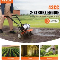 VEVOR Tiller Cultivator, 43CC 2-Stroke Garden Cultivator, Tiller with 4 Steel Adjustable Front Tines for Lawn, Garden and Field Cultivation