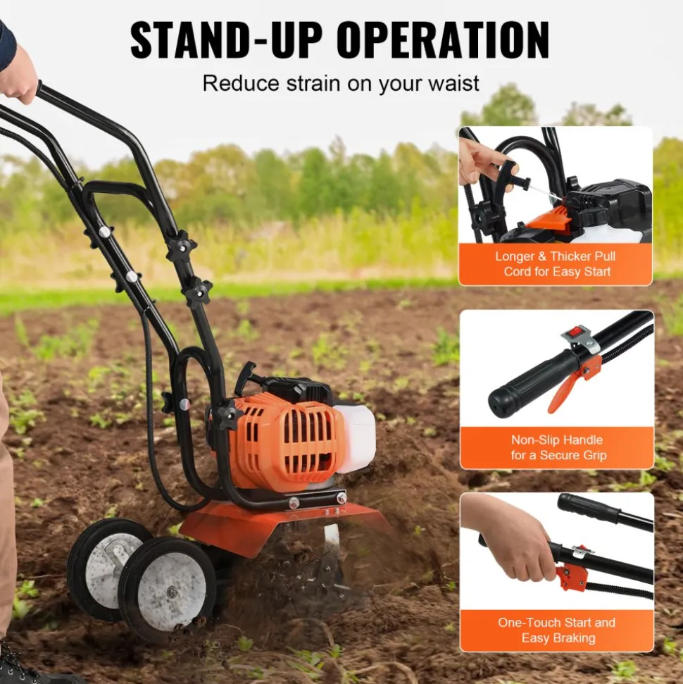 VEVOR Tiller Cultivator, 43CC 2-Stroke Garden Cultivator, Tiller with 4 Steel Adjustable Front Tines for Lawn, Garden and Field Cultivation